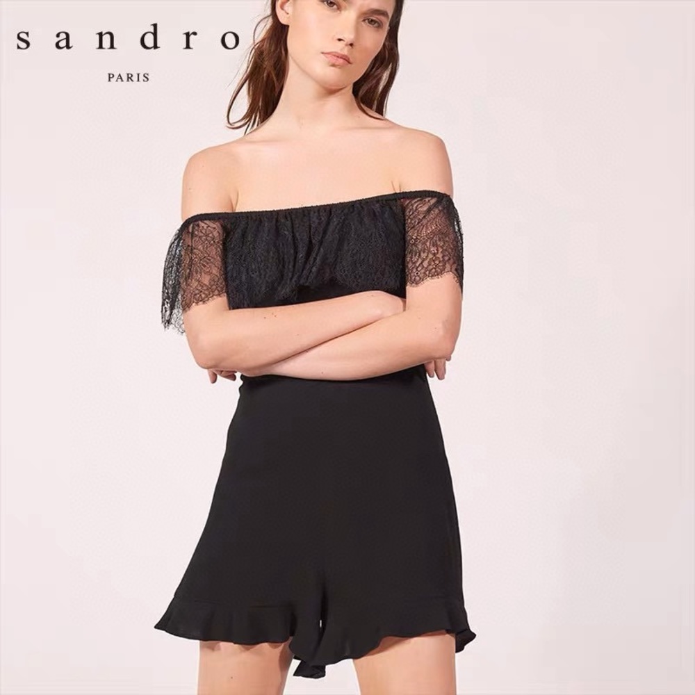 Sandro Paris Black Off the Shoulder Romper with Lace Trim BRAND NEW